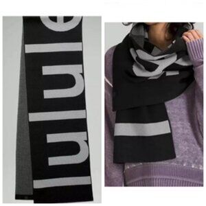 Lululemon NEW Logo Knit Merino Wool Scarf Wrap Long Cozy Warm Rare Black Gray